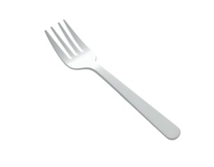 A shiny, metallic fork with four tines, displayed against a solid black background