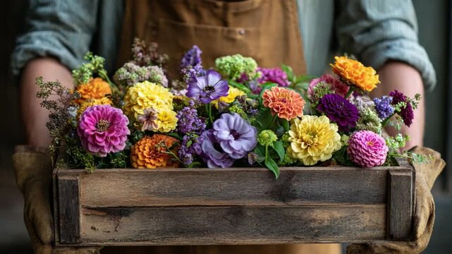 Bloom Box Bonanza: A close-up shot showcases a vibrant wooden box overflowing with a spectrum of fresh, colorful blooms, carefully held by a person.