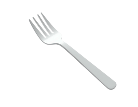 A shiny, metallic fork with four tines, displayed against a solid black background