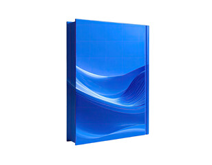 Blue abstract design box on black background, with waves and grid