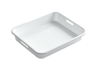 White rectangular tray with handles, set against a black background