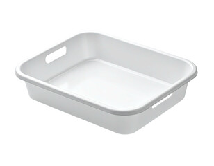 White rectangular plastic bin with handles, empty, angled on black background