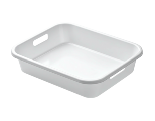 White rectangular plastic bin with handles, empty, angled on black background
