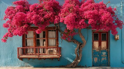 Red flowering tree against a blue building with windows and a small balcony.