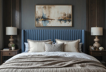 A cozy bedroom with a ribbed blue headboard, layered textiles, and abstract wall art in soft, earthy tones. Front view. 3d rendering.