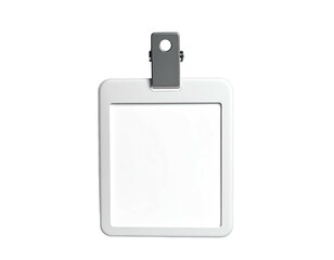 Rectangular white ID badge with a clip, isolated on a black background