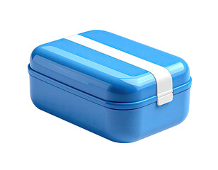 Glossy blue lunch container with white stripe, isolated on black backdrop