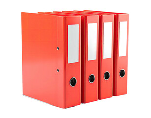 Four vibrant red ring binders stand upright with blank labels, isolated on black