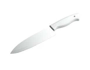 A single, isolated chef's knife against a solid black background