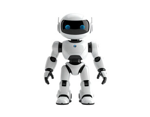 A friendly white robot with a black visor and blue eyes against a black backdrop