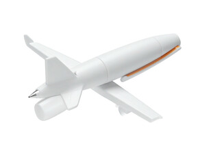 Sleek white model airplane design with wings, tail, and orange accent on black