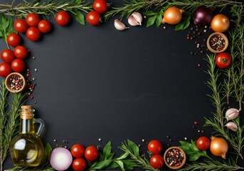 Frame of fresh vegetables and spice against a dark wooden background with copy space. Healthy food ingredients for cooking banner or workshop advertisement poster or flyer. Top view.