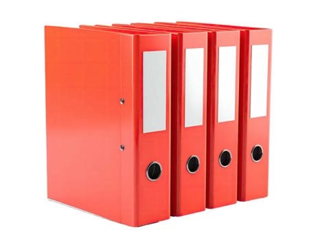 Four vibrant red ring binders stand upright with blank labels, isolated on black