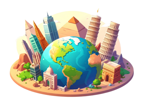  Travel Concept Earth with Illustrated World Monuments, Isolated PNG