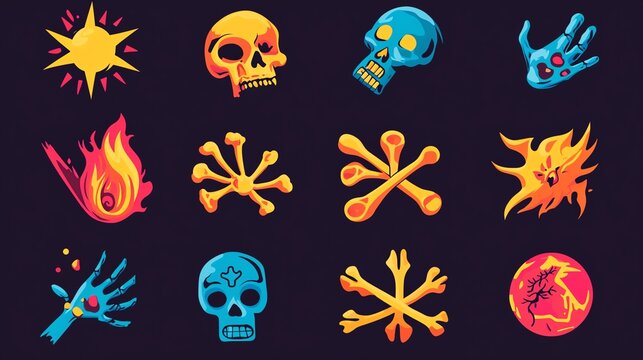 Injury and danger icons bones, burns, and cuts in vibrant colors
