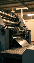 Close up of an industrial printing press machine in a modern factory setting, production and manufacturing concept for banner with copy space. Printing press machine at work.