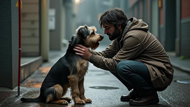 A man crouching down and petting a dog in an urban alleyway on a misty day