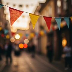 Colorful bunting flags hang across a festive street during a town festival against blurred background. Celebratory decorations for an event and outdoor party celebration.