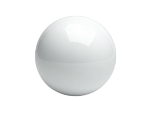 A glossy white sphere floats against a stark black background, reflecting light