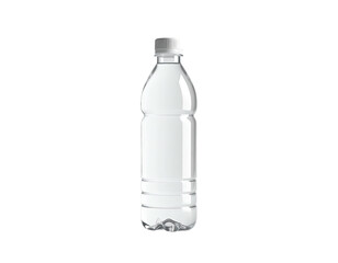 A translucent plastic water bottle with a white cap against a black background