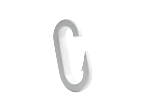 A glossy, white metal carabiner, open at one end, rendered on a black background