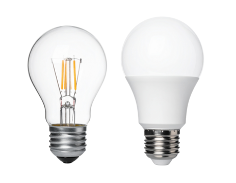 Pair of Electric Bulbs – Smart LED and Filament Vintage Type, isolated on transparent background