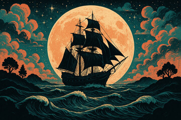 A serene night scene featuring a glowing moon and dark waters