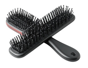 Two black hairbrushes are crossed, showcasing bristles and ergonomic handles