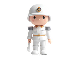 3D-rendered cartoon soldier in crisp white uniform, holding a cloth