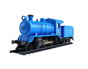 A brightly colored, cartoonish blue steam locomotive on tracks, dark backdrop