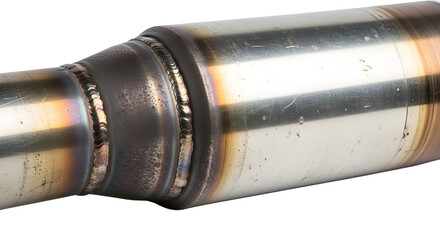 Industrial metal welding seam on a stainless steel pipe or exhaust system component. isolated PNG with Transparent Background