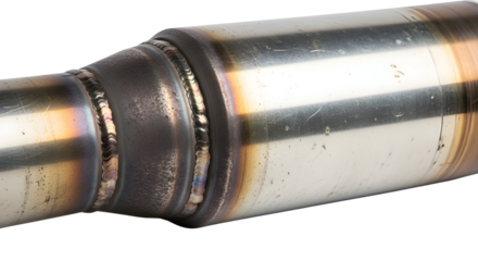 Industrial metal welding seam on a stainless steel pipe or exhaust system component. isolated PNG with Transparent Background