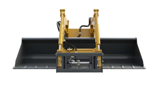 Front view of yellow hydraulic skid steer loader bucket attachment isolated on white.