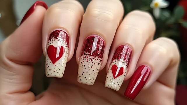 Close up of elegant fingernails with red heart design and glitter for Valentine's Day