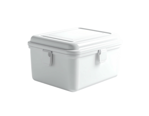 A rectangular, white plastic storage container with a fitted lid and latches