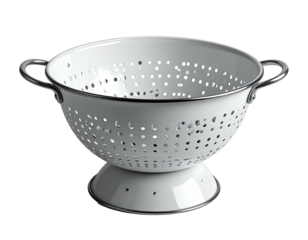 A white, circular kitchen tool with numerous holes, two handles, and a base