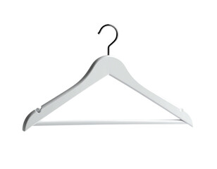 A simple, white wooden hanger against a black background