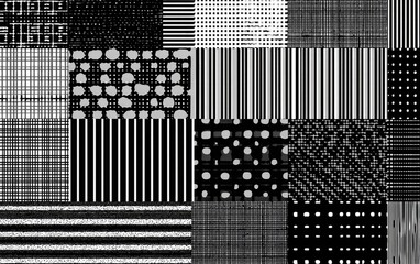Black & white mosaic of textures lines, dots, patterns, and grids in a collage