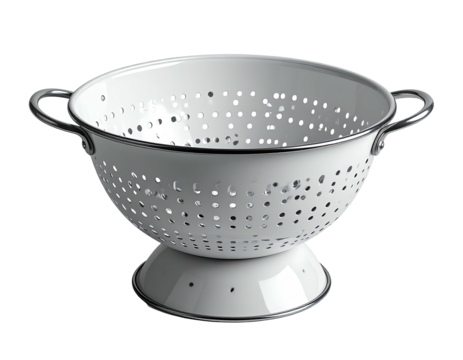A white, circular kitchen tool with numerous holes, two handles, and a base