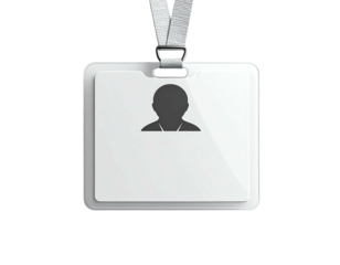 White blank ID badge with lanyard hanging against black background, person silhouette