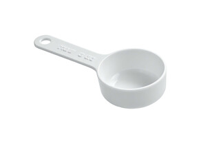 White measuring cup with handle on a black background, angled upwards
