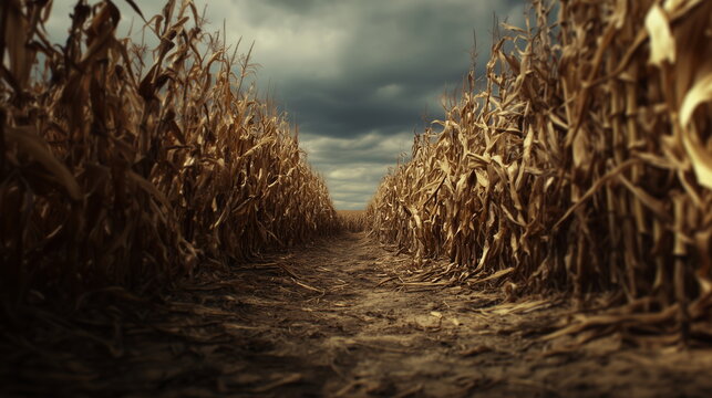 Dark unharvested fields of corn due to drought or economic market situations, such as trade obstacles.