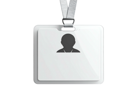 White blank ID badge with lanyard hanging against black background, person silhouette