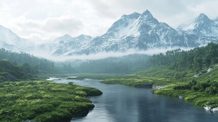Serene mountain landscape with winding river under clear blue sky