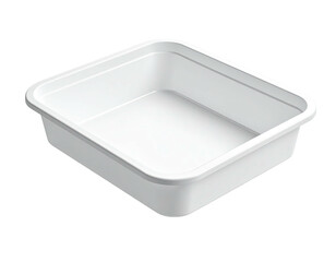 Empty, square-shaped, white plastic container with rounded edges against black