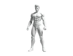 Monochrome male muscular figure, front view, standing on a black background