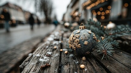 Christmas ornament on wood with blurred street background holiday season decoration.