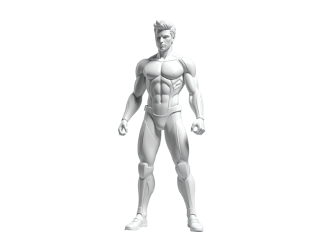 Monochrome male muscular figure, front view, standing on a black background