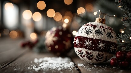 Christmas ornaments and fake snow on a wooden surface with bokeh lights.