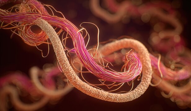 Microscopic illustration of complex biological structures, showing twisting fibers and strands
